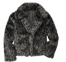 GAP Jacket Coat Girls Extra Small XS 4/5 Black Gray Faux Fur Leopard Bry... - $66.49
