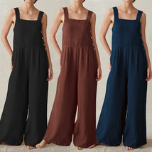 Cotton Linen Jumpsuit with Pockets, Wide Leg Pants Romper, Women's Clothing - £20.36 GBP