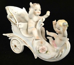 Vintage Ardco Figural Boot Vase Two Applied Cherubs and Flowers on Bisque - £8.11 GBP