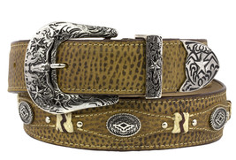 Concho Western Belt Cowboy Genuine Leather Studs Silver Buckle Rustic Sand Cinto - £28.05 GBP