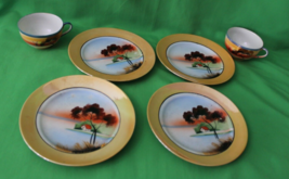 Vintage Japan Early 1900 Hand Painted Lusterware 6 Piece Landscape Plates Cups - £58.39 GBP