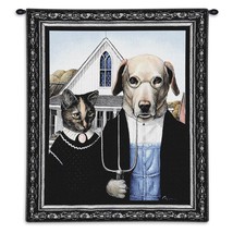 26x34 American Gothic Dog Cat Tapestry Wall Hanging - £65.39 GBP