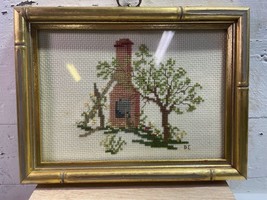Framed Completed Cross Stitch Trees Chimney Gold Bamboo Look Frame Vintage - £11.78 GBP