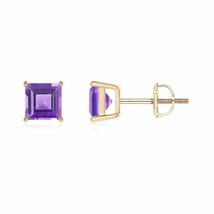 Natural Amethyst Square Solitaire Stud Earrings in 14K Gold (Grade-AA , 5MM) - £215.10 GBP