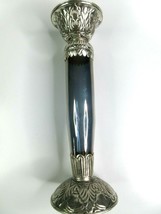 Pillar Candle Holder Etched Aluminum &amp; Blue Tinted Glass 11.75&quot; Tall From India - £23.46 GBP