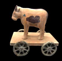 Vtg Cow Pull Toy Composite Wood Heavy Cast Iron ? Wheels LARGE Primitive Western - £75.08 GBP