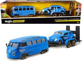 Volkswagen Van Samba w Volkswagen Beetle Flatbed Trailer Blue Kool Kafers Set of - £51.81 GBP