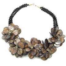 Painted Brown Florals Zebra Pattern Mother of Pearl One of A Kind Necklace - £44.44 GBP
