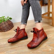 Shoes Women Boots New Winter Lace-Up Genuine Leather Handmade Round Toe Sewing F - £78.71 GBP