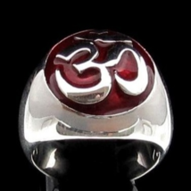 Sterling silver Buddhist symbol ring Ohm Sacred sound Aum Buddhism with Red enam - £130.37 GBP