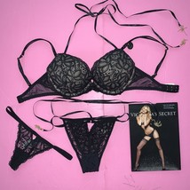 Victoria&#39;s Secret 32D Bombshell Bra Set+Panty+Thong Tassels Black Floral Lace - £94.61 GBP