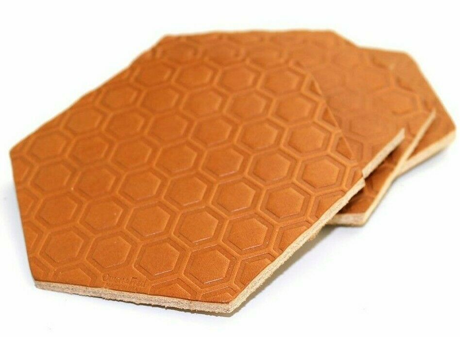 NEW SET OWEN & FRED  4" HEXAGON DESIGN STAMPED ENGLISH BRIDLE LEATHER COASTERs - $9.99