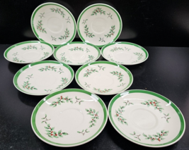 9 Spode Christmas Tree Saucers Lot Green Trim Holly Holiday Dishes S3324 England - £38.83 GBP