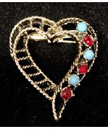 Vintage Gold Tone Rhinestones Ruby Red Turquoise Blue Brooch Pin 1 3/8” ... - $10.94