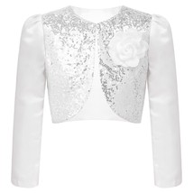 Kids Girls Shiny Sequin Satin Bolero Jacket Long Sleeve 3D Applique Short Cardig - £59.60 GBP