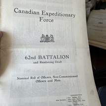 Canadian Expeditionary Force 62nd  Battalion Nominal Roll Officers Non-C... - $98.99