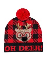Holiday Time Women&#39;s Holiday Beanie Hat Oh Deer! Reindeer Red Black Plai... - £9.28 GBP