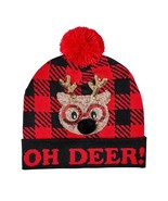Holiday Time Women&#39;s Holiday Beanie Hat Oh Deer! Reindeer Red Black Plai... - £9.15 GBP