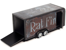 4-Wheel Enclosed Car Trailer Dark Gray with Graphics &quot;Rat Fink&quot; 1/64 Diecast Mod - £14.91 GBP