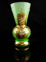 Antique Bohemian Vase - green * gold overlay - hand painted - czech glass  - iri - £187.81 GBP