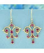 Natural Ruby Vintage Style Dangle Earrings in 9K Yellow Gold - £718.52 GBP