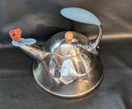 Vintage Alessi Michael Graves Chrome Silver Red Bird Blue Handle Teapot Italy - £50.54 GBP