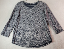 Lucky Brand Blouse Top Women Medium Blue White Geo Print Knit Cotton Long Sleeve - £10.80 GBP