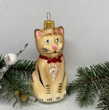 Sitting beige cat glass Christmas handmade ornament, Christmas glass decoration - £10.79 GBP
