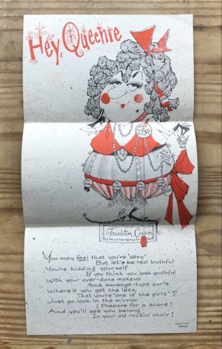 Primary image for Vintage Hey Queenie Old Lady Paper Note w Poem Dark Humor Gag USA Made Ephemera