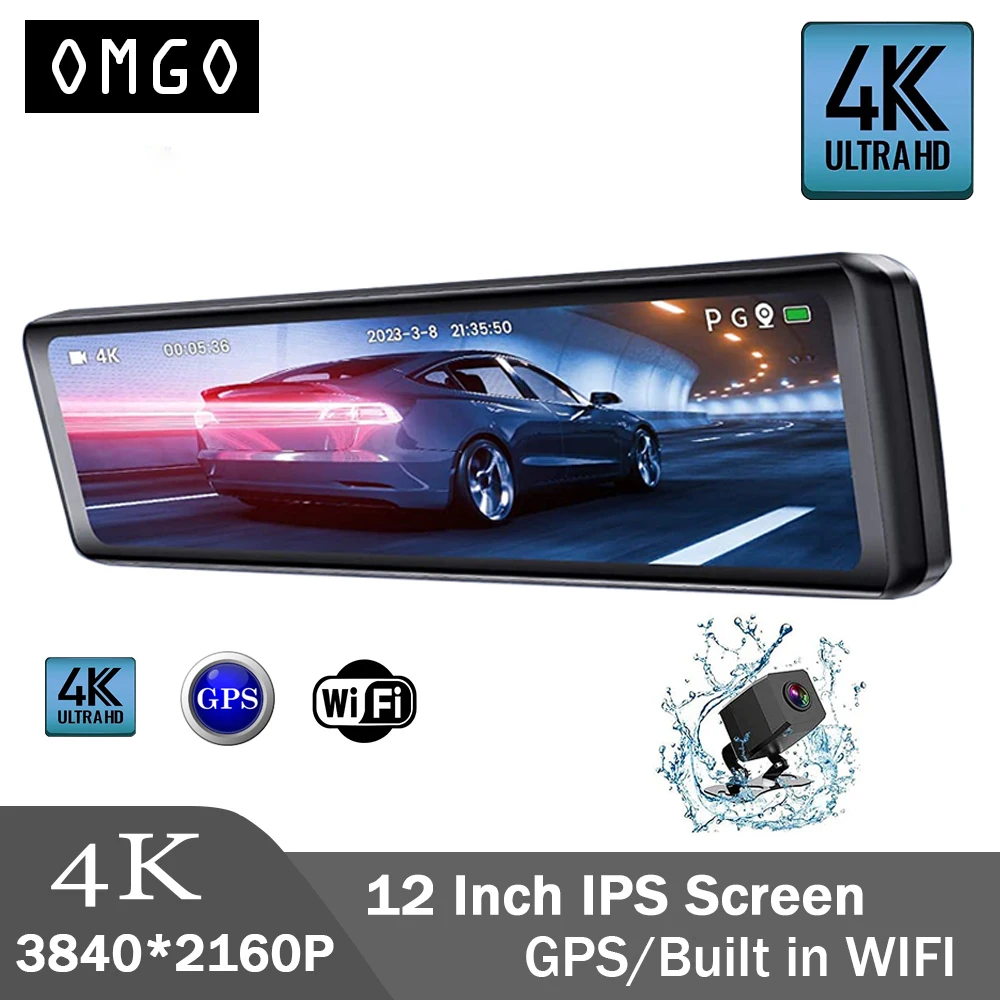Dash Cam 12 Inch 4K 2160P GPS WIFI Car Dvr Mirror Dual Lens Dashcam IPS Screen - £89.01 GBP+