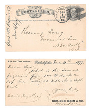 UX5 Phila PA 1877 Fancy Cork Cancel Geo DeB Keim Leather to Henry Lang N... - $9.95