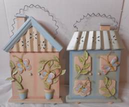 2 Wooden House Shaped Wall Decor/Plaques Metal Butterfly Flowers Wall Free Stand - £9.89 GBP