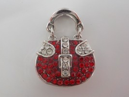 Small Jeweled Charm Purse Red and White/Clear Faux Diamonds Silver Color Back - £3.95 GBP