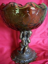 Bronze Cherubic Figurine is holding an Emerald Cut Glass Bowl (#0219) - $86.99