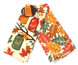 Mason Jar Lantern Kitchen Towels Autumn Leaves Orange Red Cream Green 2-Piece - £14.35 GBP