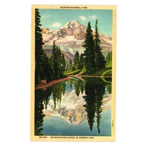 Vintage Rainier National Park Postcard Mountain Reflected In Mirror Lake Linen - £7.10 GBP