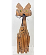 MCM 1950s Hand Carved Wood Cat w Mouse Dangle Wire Whiskers 14&quot; Figurine - $53.38 CAD