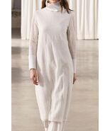 ZARA Cream Wool Blend Midi Dress Stand Up Collar Ribbed Details Textured... - $69.95