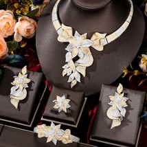 Luxury Flower Statement Necklace 4PCS Nigerian Bridal Jewelry Sets For Women Wed - £186.71 GBP