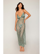 Eyelash Lace &amp; Satin Long Chemise w/G-String - Sage Green MD - $50.99