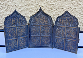 Antique Brass Bronze Folding Travel Icon 3 Part Triptych Christian Orthodox - $189.95