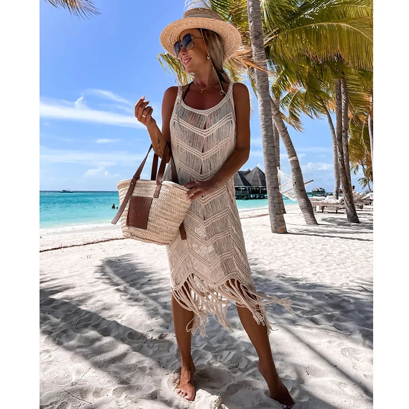 2023 White Crochet Tunic Bikini Cover-ups   Out Dress Women Summer Clothes See T - £141.83 GBP