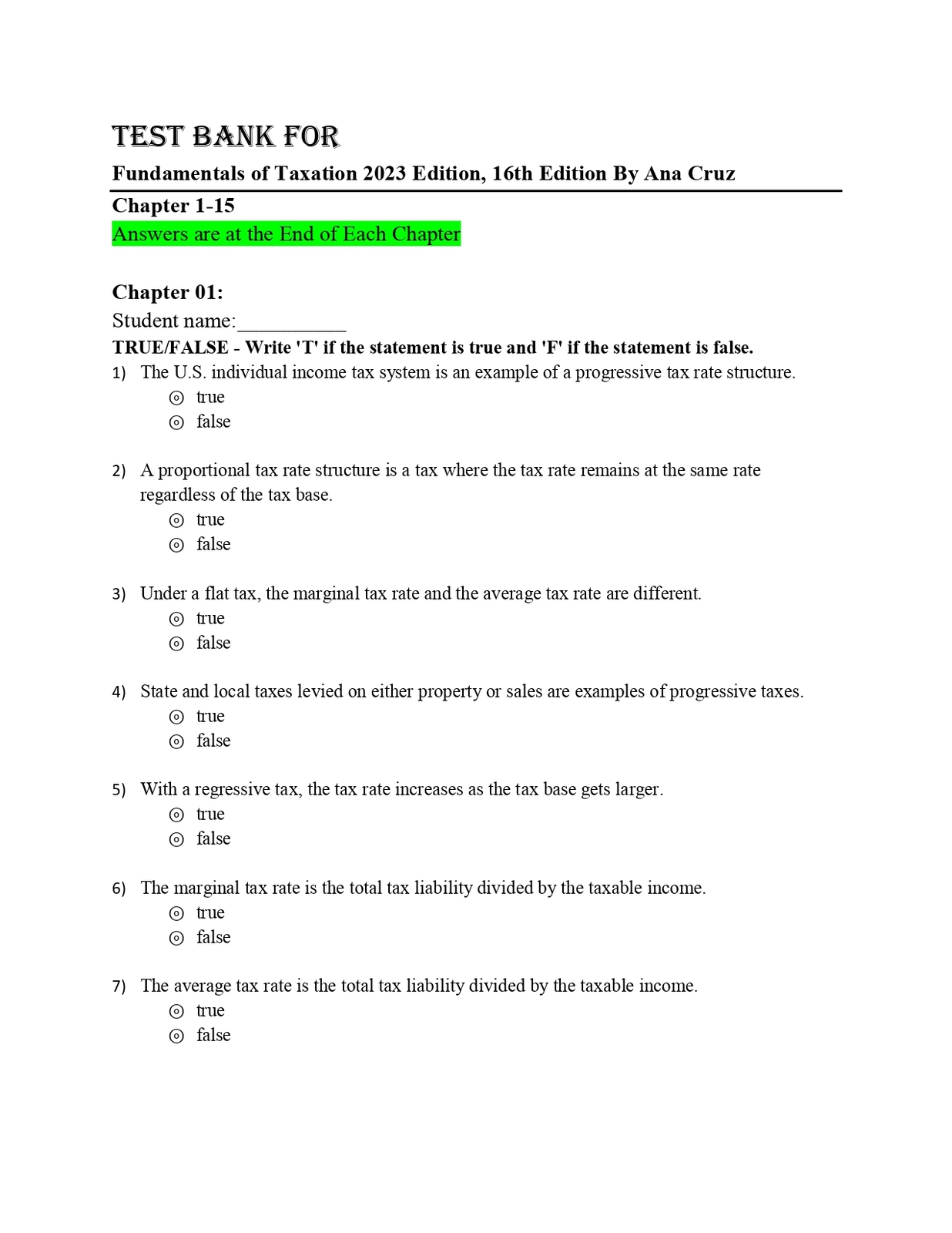 Test Bank For Fundamentals of Taxation 2023 Edition, 16th Edition By Ana... - $17.99