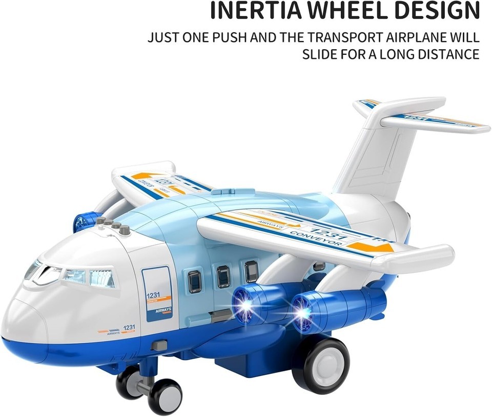 2-in-1 Kids Airplane Toy with 12 Construction Vehicles & Playmat - Blue Item image 7