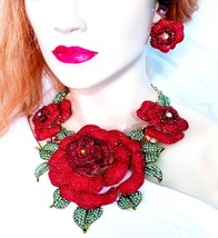 Large Breastshield Necklace, Red Roses Rhinestone Crystal Choker, Stage Necklace - £147.06 GBP