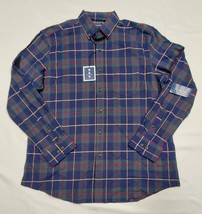 Club Room Men&#39;s Large Navy Green Brushed Cotton Moisture Wicking Plaid Shirt 46&quot; - £17.55 GBP