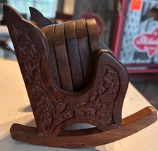 VTG Hand Carved 6 Wooden Coasters Matching Rocking Chair Holder Country 70s - £26.15 GBP