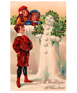 Postcard Embossed Merry Christmas Kids Giant Snowman Holding Holly Berri... - £9.34 GBP