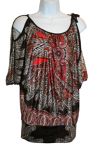 Mesmerize Women&#39;s Top Shirt Open Shoulder Brown Paisley Orange Red Silky... - $18.00
