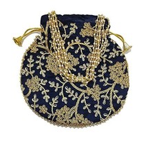Ambience ethnic Women handbag Potli wristlet with Pearls &amp; embroidery (Blue) - £20.55 GBP